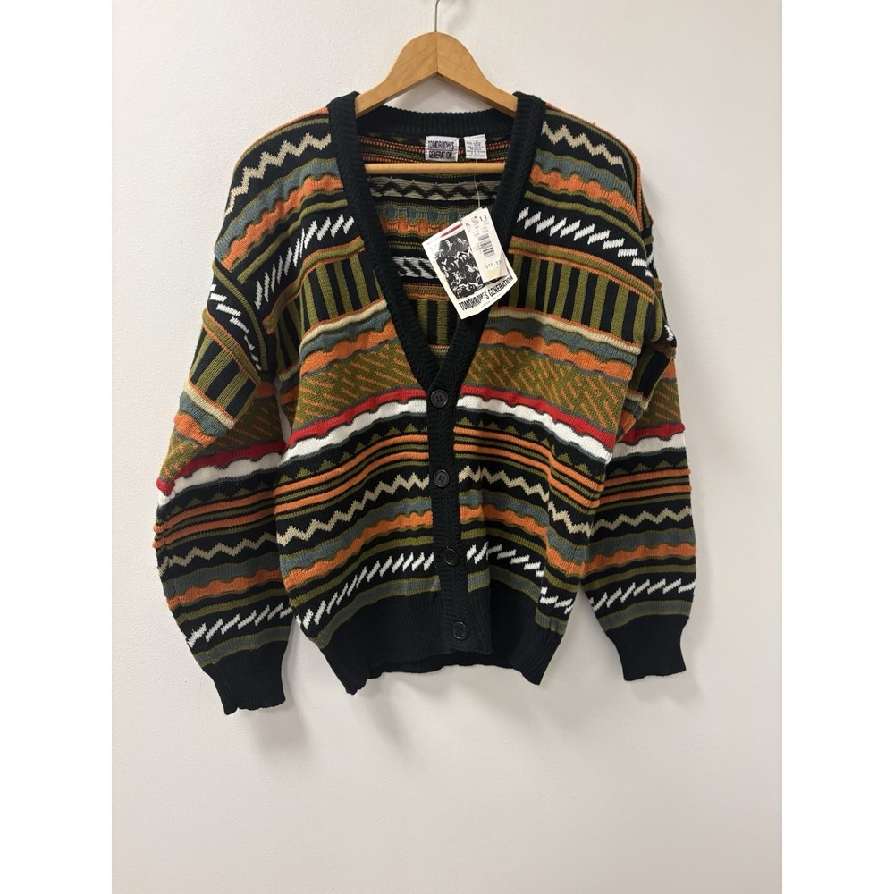 NWT Vintage 90s Sweater 3D Knit Tomorrow's Generation Coogi Style Cardigan Sz L